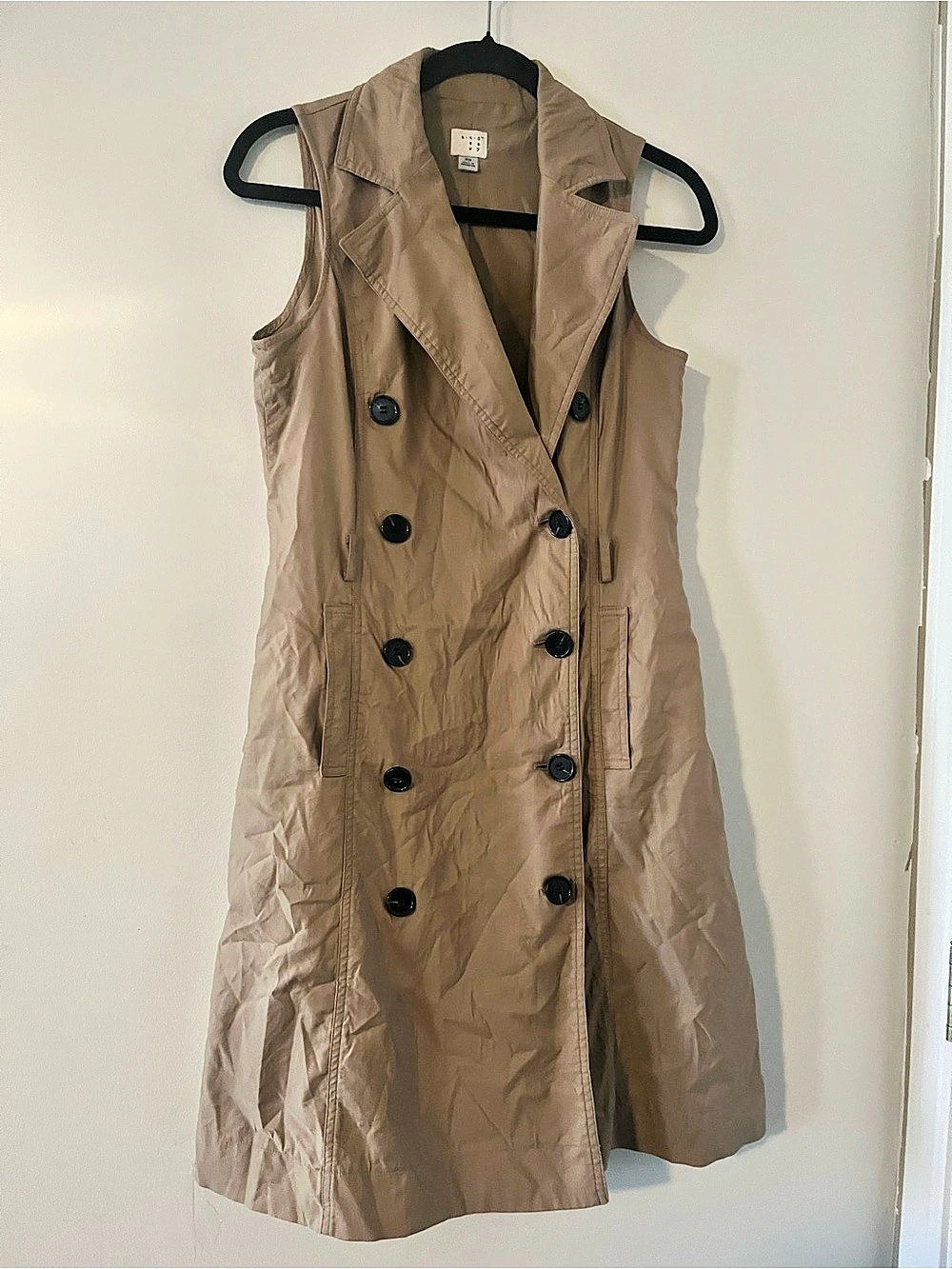 A New Day Sleeveless Trench Coat Dress XS Camel Tan Double Breasted Equestrian